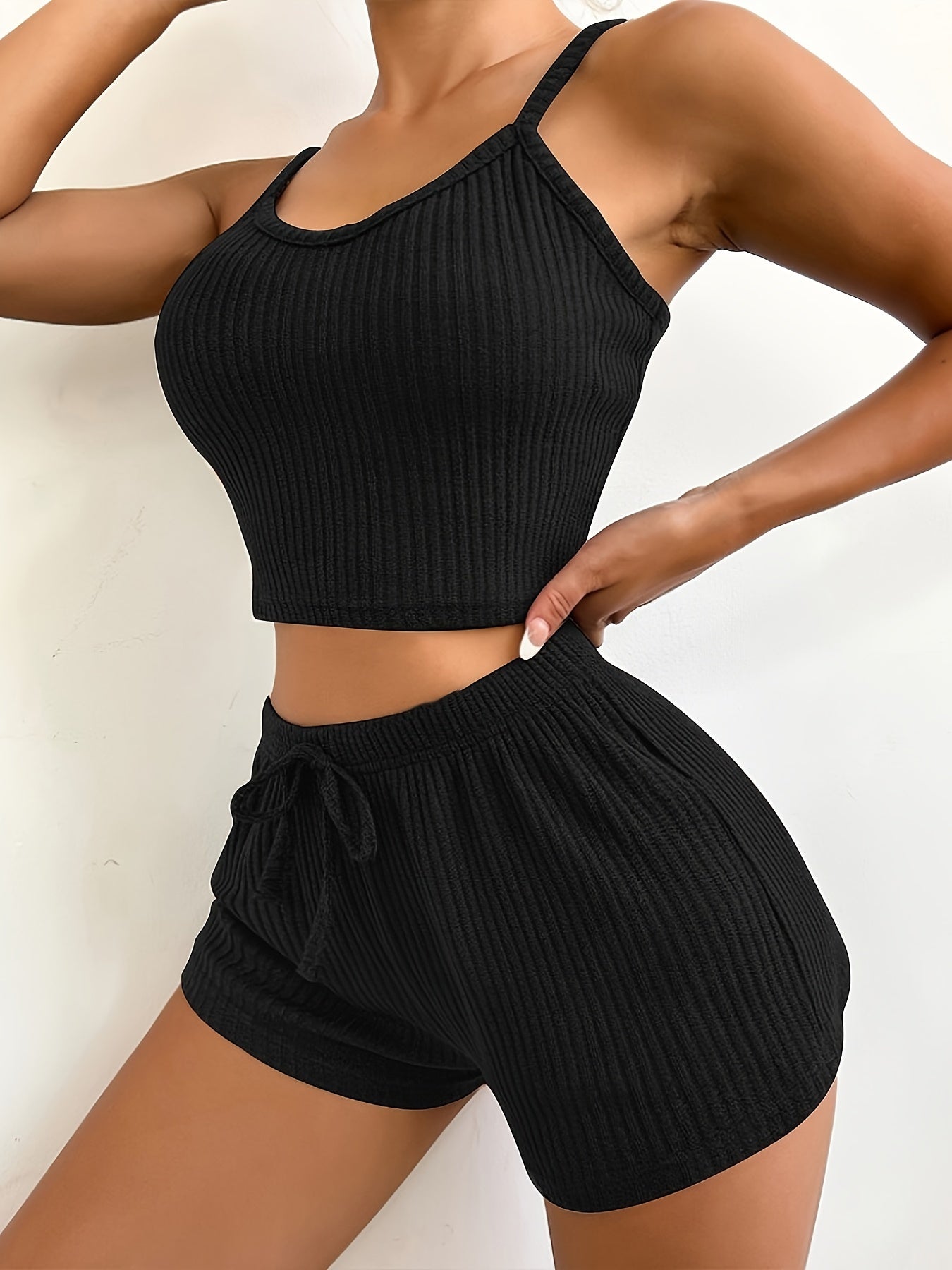 Solid Ribbed Slim Fit Lounge Set, Casual Round Neck Crop Cami Top & Drawstring Shorts, Women's Loungewear